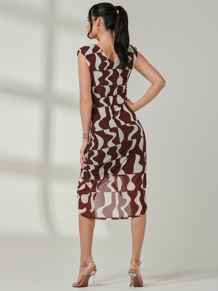 Jolie Moi Brown Mesh Wrap Ruched Bodycon Dress - Image 2 of 6