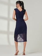 Jolie Moi Blue Wrap Ruched Mesh Bodycon Dress - Image 3 of 6