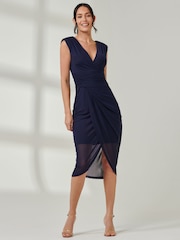Jolie Moi Blue Wrap Ruched Mesh Bodycon Dress - Image 4 of 6