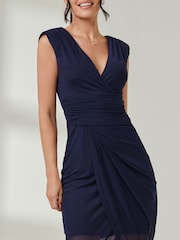 Jolie Moi Blue Wrap Ruched Mesh Bodycon Dress - Image 6 of 6