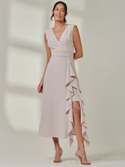 Jolie Moi Grey Wrap Front Frill Detail Maxi Dress - Image 4 of 6