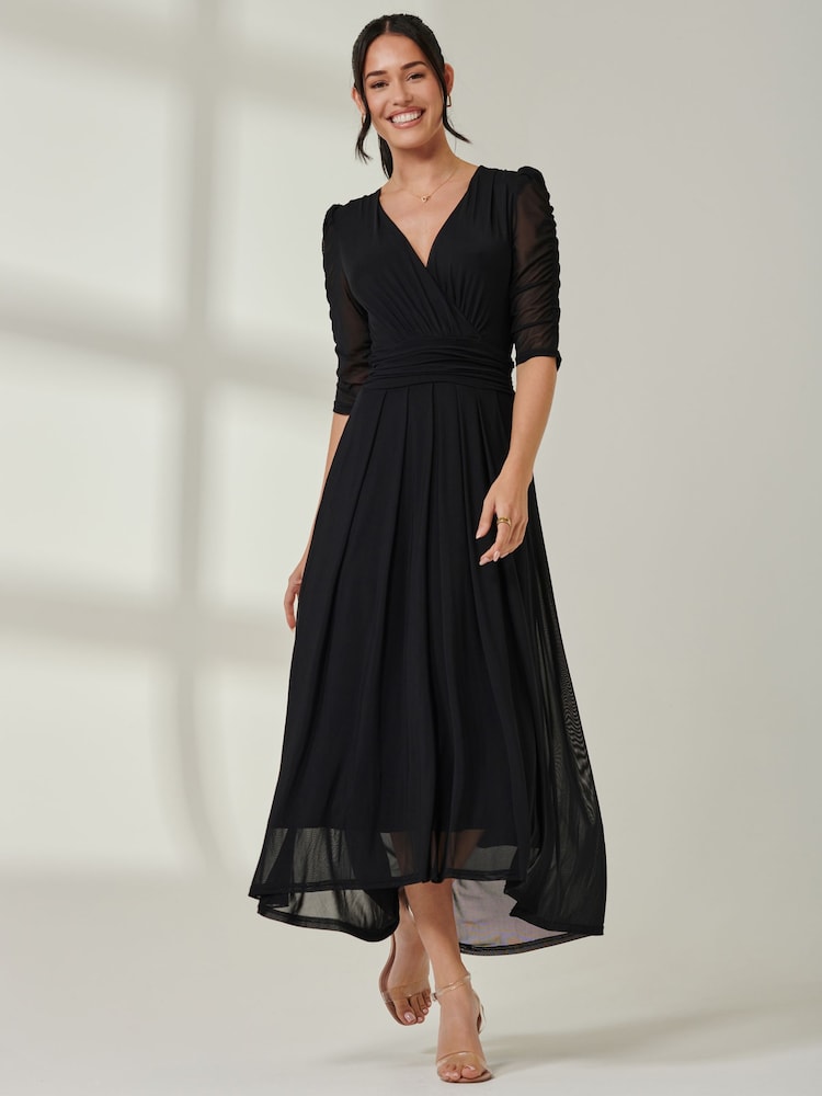 Jolie Moi Black Aneissa Ruched Sleeve Mesh Maxi Dress - Image 1 of 6