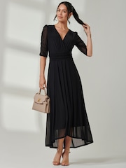 Jolie Moi Black Aneissa Ruched Sleeve Mesh Maxi Dress - Image 3 of 6
