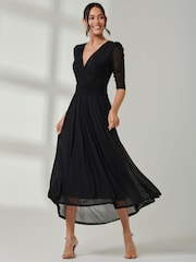 Jolie Moi Black Aneissa Ruched Sleeve Mesh Maxi Dress - Image 4 of 6