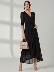 Jolie Moi Black Aneissa Ruched Sleeve Mesh Maxi Dress - Image 5 of 6