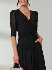 Jolie Moi Black Aneissa Ruched Sleeve Mesh Maxi Dress - Image 6 of 6