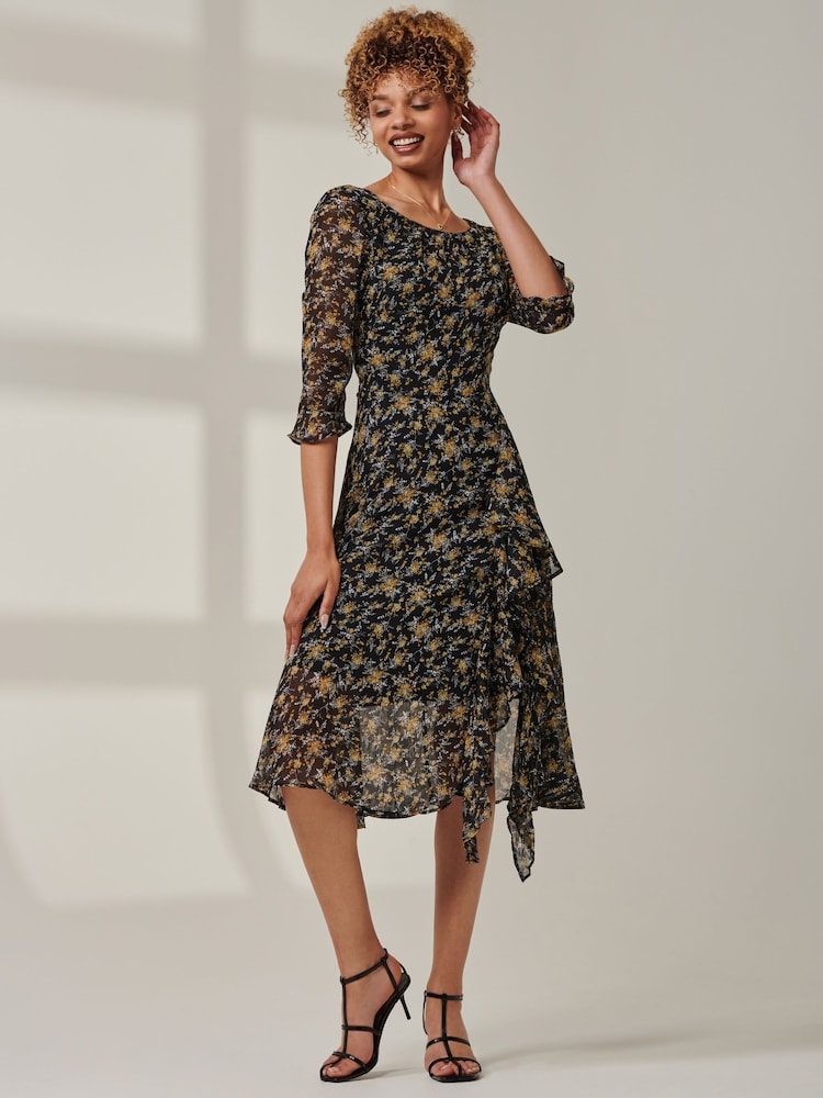 Jolie Moi Black Half Sleeve Floral Dress - Image 1 of 6