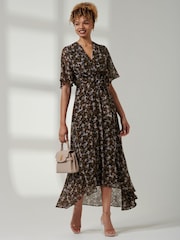 Jolie Moi Black Floral Front Tie Midi Dress - Image 1 of 6