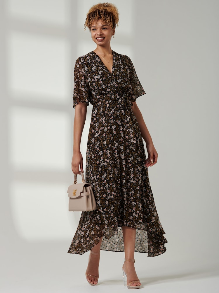 Jolie Moi Black Floral Front Tie Midi Dress - Image 1 of 6