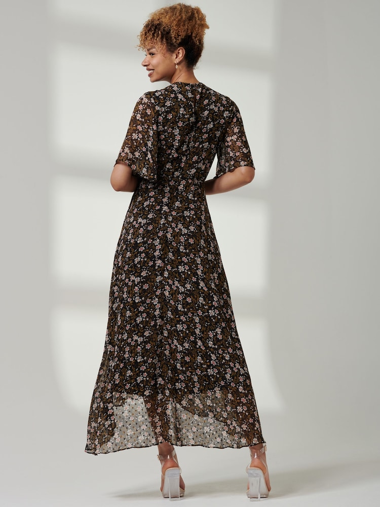 Jolie Moi Black Floral Front Tie Midi Dress - Image 2 of 6