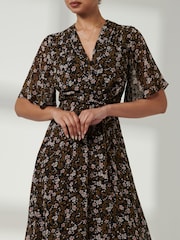 Jolie Moi Black Floral Front Tie Midi Dress - Image 3 of 6