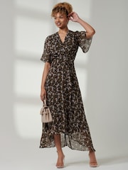 Jolie Moi Black Floral Front Tie Midi Dress - Image 4 of 6
