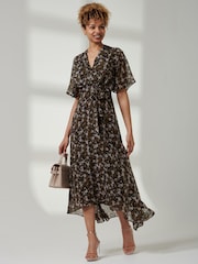 Jolie Moi Black Floral Front Tie Midi Dress - Image 5 of 6