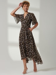 Jolie Moi Black Floral Front Tie Midi Dress - Image 6 of 6