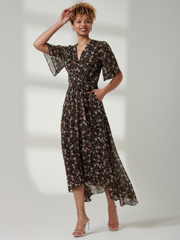 Jolie Moi Black Floral Front Tie Midi Dress - Image 6 of 6