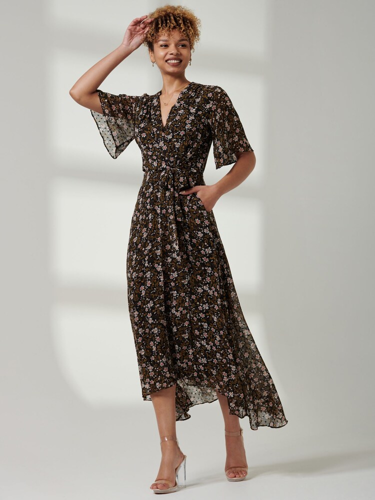 Jolie Moi Black Floral Front Tie Midi Dress - Image 6 of 6 Jolie Moi Black Floral Front Tie Midi Dress - Image 6 of 6
