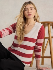 White Stuff Purple Stripe V-Neck Merino Jumper - Image 1 of 6