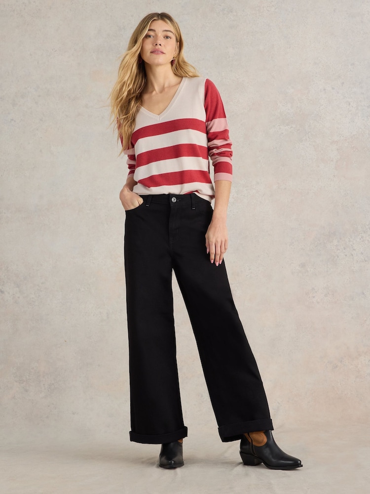 White Stuff Purple Stripe V-Neck Merino Jumper - Image 2 of 6