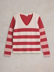 White Stuff Purple Stripe V-Neck Merino Jumper - Image 5 of 6