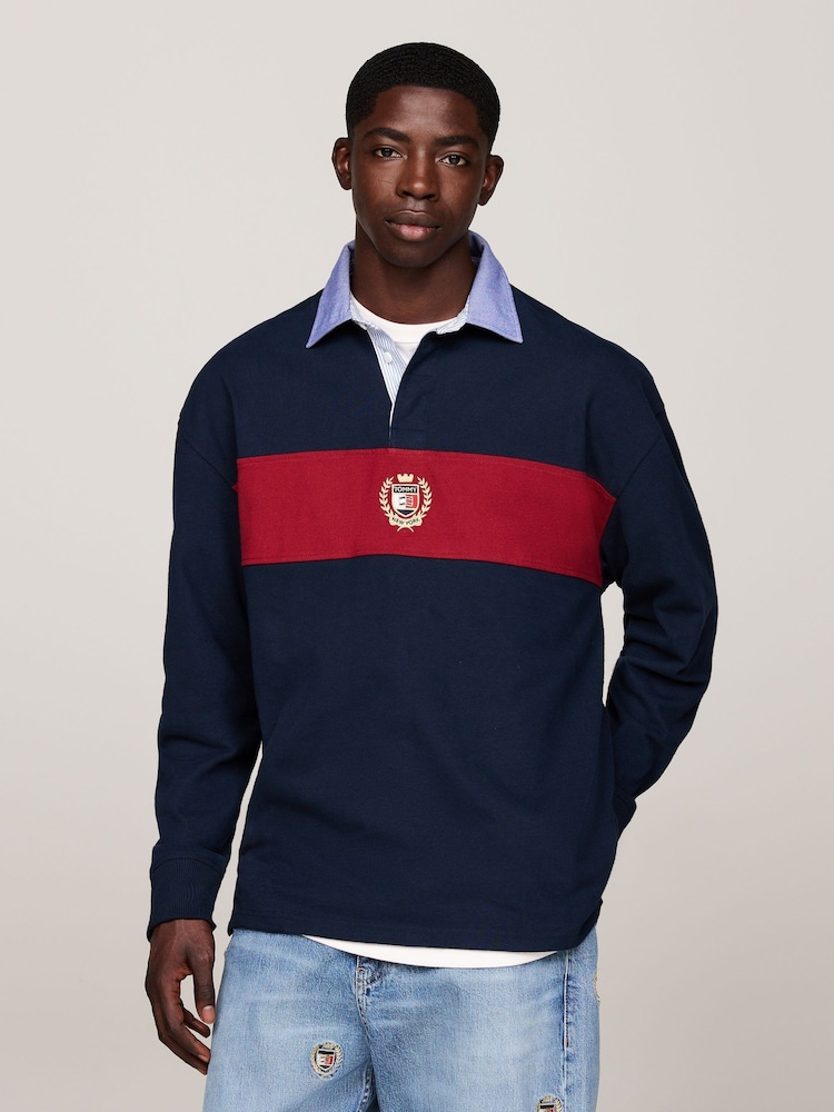 Tommy Jeans Blue 100% Cotton Colourblock Crest Rugby Polo Shirt - Image 1 of 5