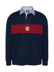 Tommy Jeans Blue 100% Cotton Colourblock Crest Rugby Polo Shirt - Image 5 of 5
