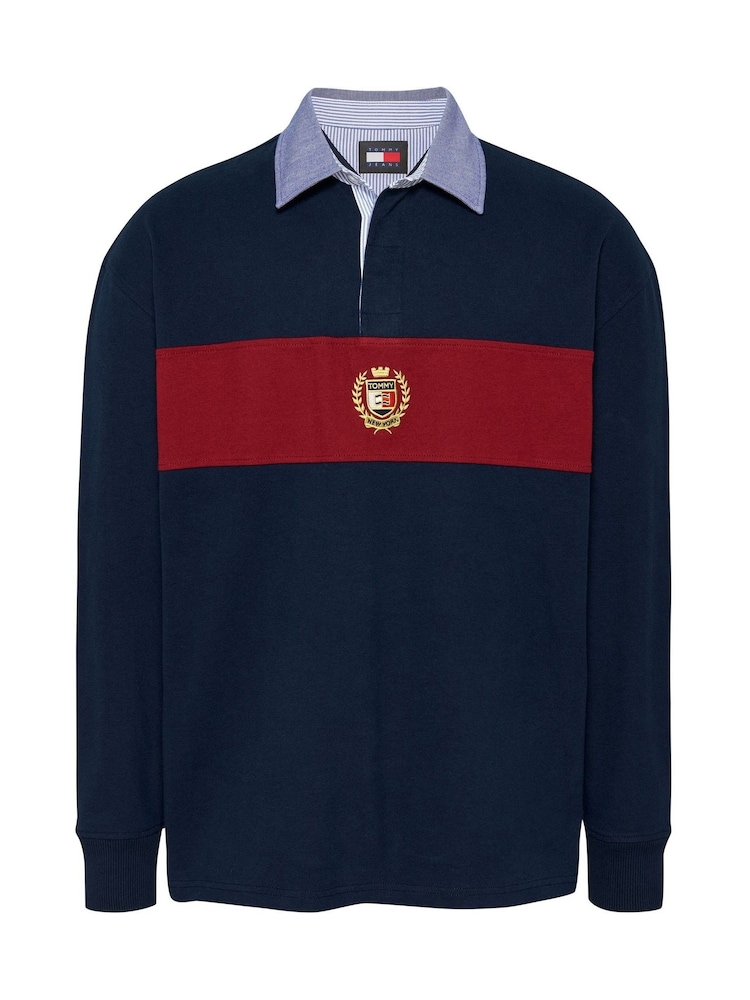 Tommy Jeans Blue 100% Cotton Colourblock Crest Rugby Polo Shirt - Image 5 of 5
