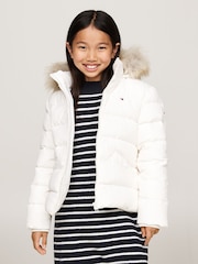 Alb - Tommy Hilfiger Fete Esențiale Down Faux Fur Hood Jachetă - Image 1 of 5