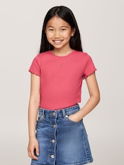 Tommy Hilfiger Pink Essential Rib Short Sleeve Top - Image 1 of 5
