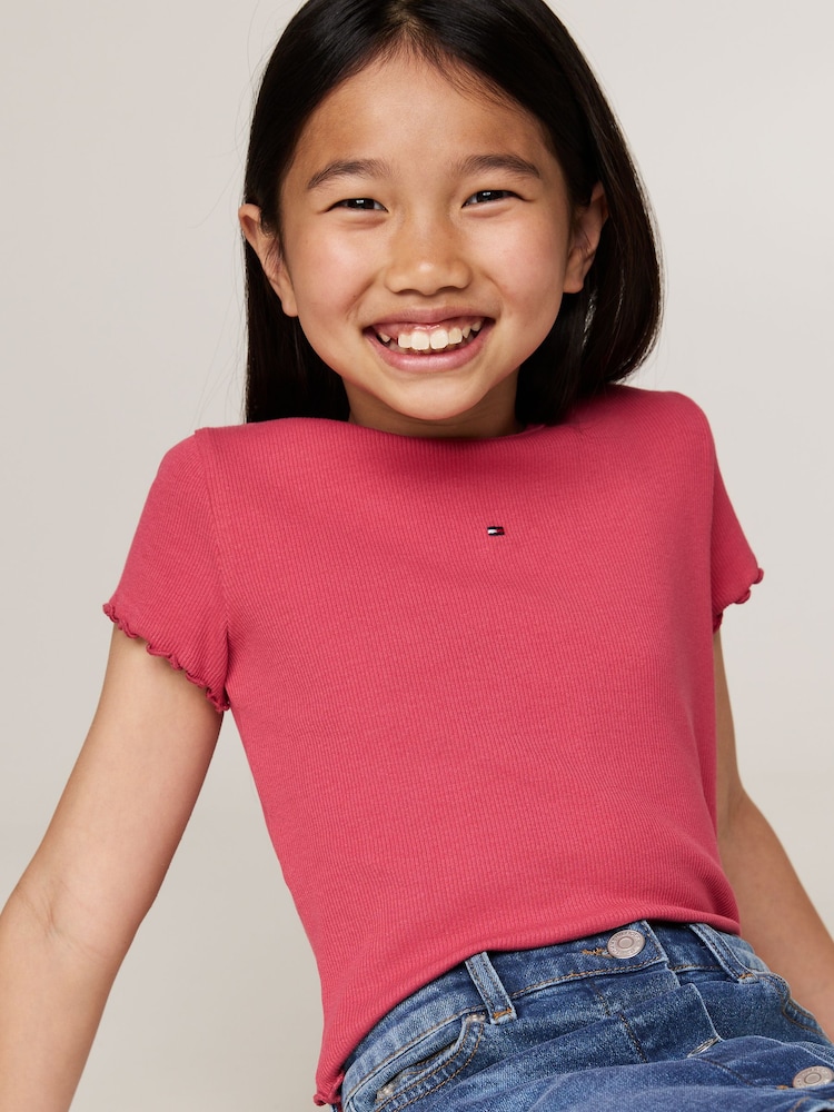 Tommy Hilfiger Pink Essential Rib Short Sleeve Top - Image 2 of 5 Tommy Hilfiger Pink Essential Rib Short Sleeve Top - Image 2 of 5