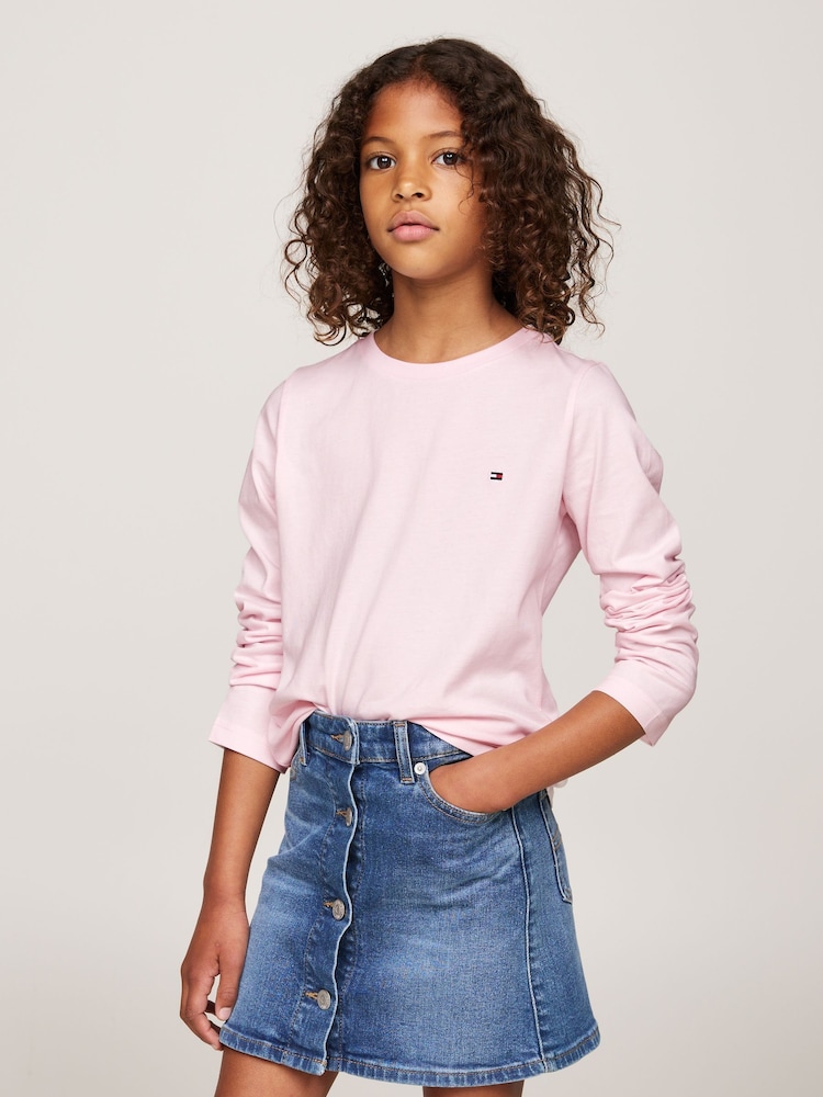 Tommy Hilfiger Pink 100% Cotton Signature Essential Long Sleeved T-Shirts 2 Pack - Image 1 of 5 Tommy Hilfiger Pink 100% Cotton Signature Essential Long Sleeved T-Shirts 2 Pack - Image 1 of 5