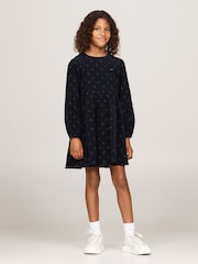Tommy Hilfiger Blue 100% Cotton Embroidered Corduroy Long Sleeve Dress - Image 1 of 4