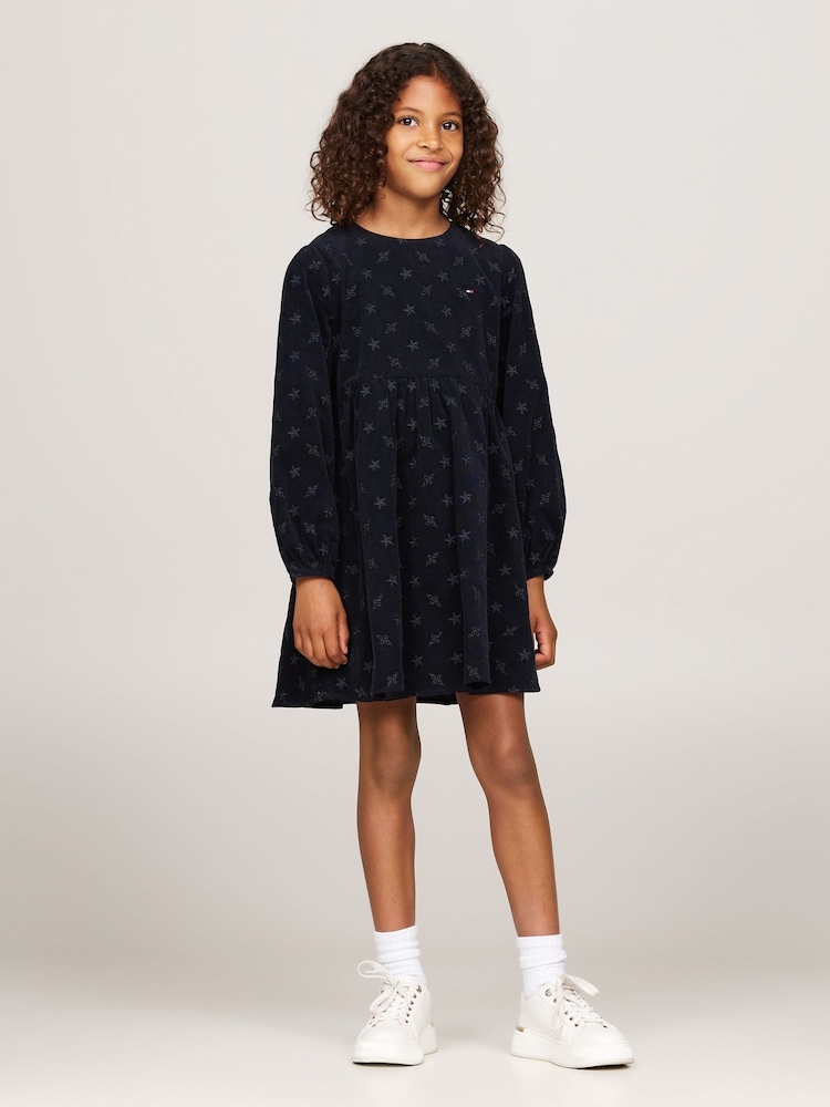Tommy Hilfiger Blue 100% Cotton Embroidered Corduroy Long Sleeve Dress - Image 1 of 4