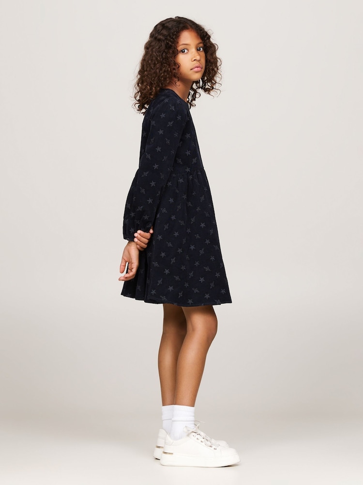 Tommy Hilfiger Blue 100% Cotton Embroidered Corduroy Long Sleeve Dress - Image 2 of 4 Tommy Hilfiger Blue 100% Cotton Embroidered Corduroy Long Sleeve Dress - Image 2 of 4