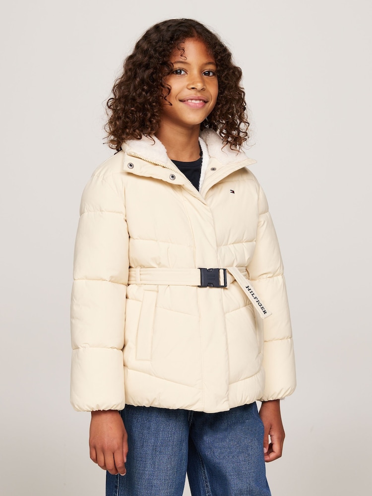 Tommy Hilfiger White Teddy Collar Mid Length Puffer Jacket - Image 1 of 5 Tommy Hilfiger White Teddy Collar Mid Length Puffer Jacket - Image 1 of 5