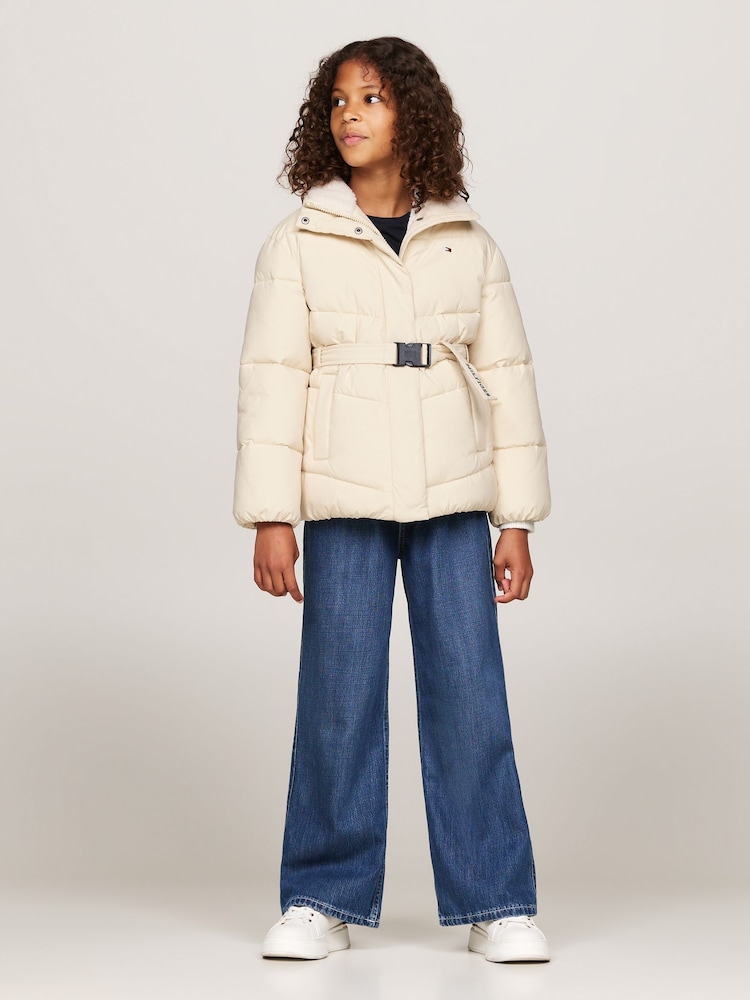 Tommy Hilfiger White Teddy Collar Mid Length Puffer Jacket - Image 2 of 5 Tommy Hilfiger White Teddy Collar Mid Length Puffer Jacket - Image 2 of 5