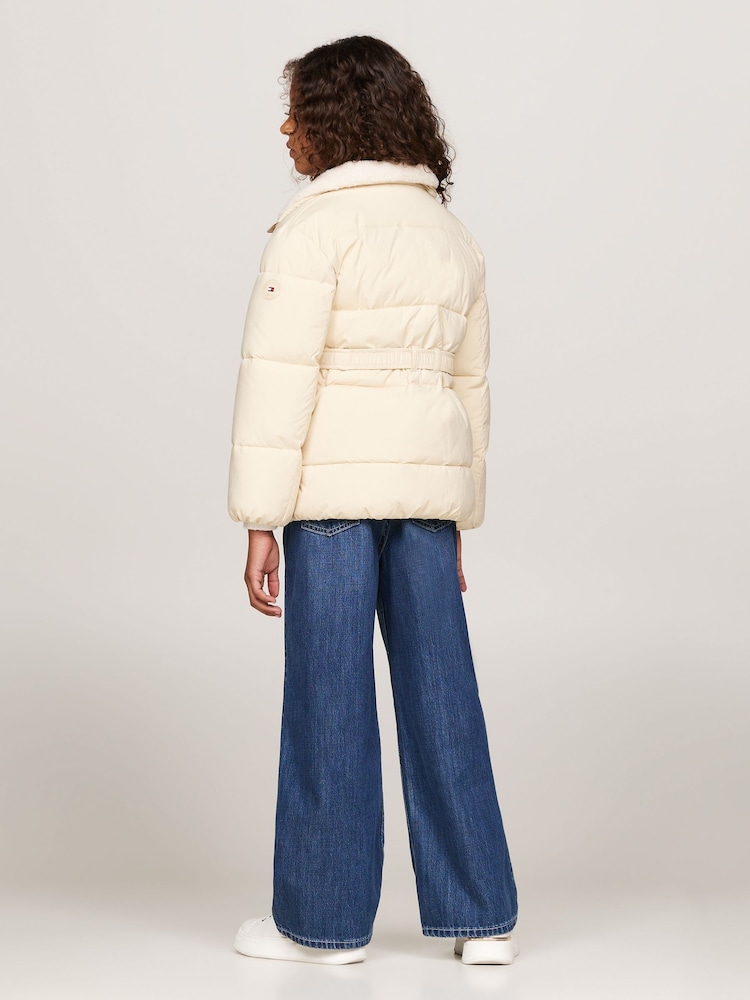 Tommy Hilfiger White Teddy Collar Mid Length Puffer Jacket - Image 3 of 5