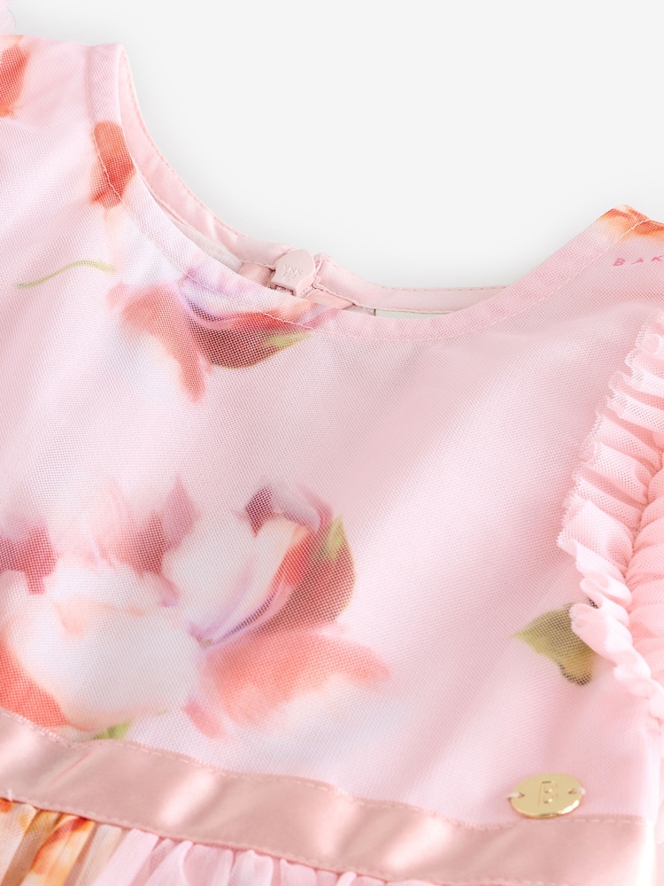 Baker by Ted Baker Pink Ruffle Hem Floral Print Mesh Dress - Image 11 of 16