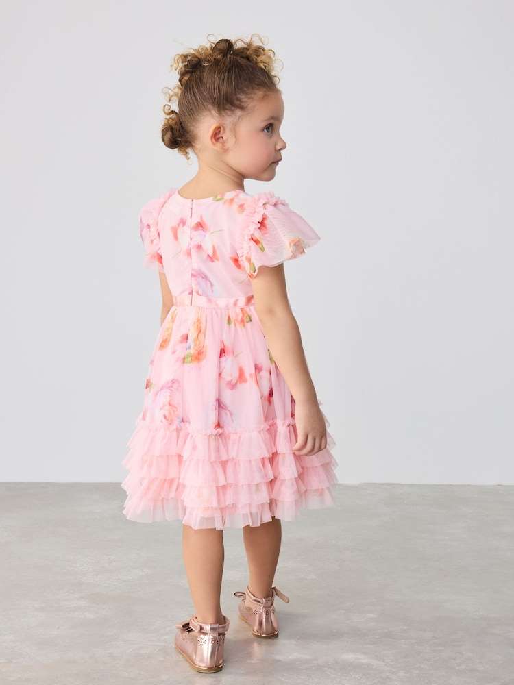 Baker by Ted Baker Pink Ruffle Hem Floral Print Mesh Dress - Image 2 of 16