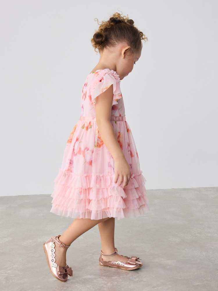 Baker by Ted Baker Pink Ruffle Hem Floral Print Mesh Dress - Image 4 of 16