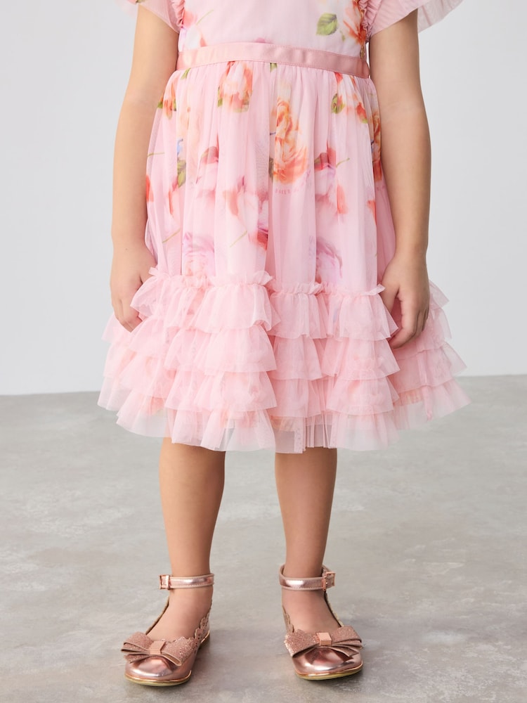 Baker by Ted Baker Pink Ruffle Hem Floral Print Mesh Dress - Image 5 of 16