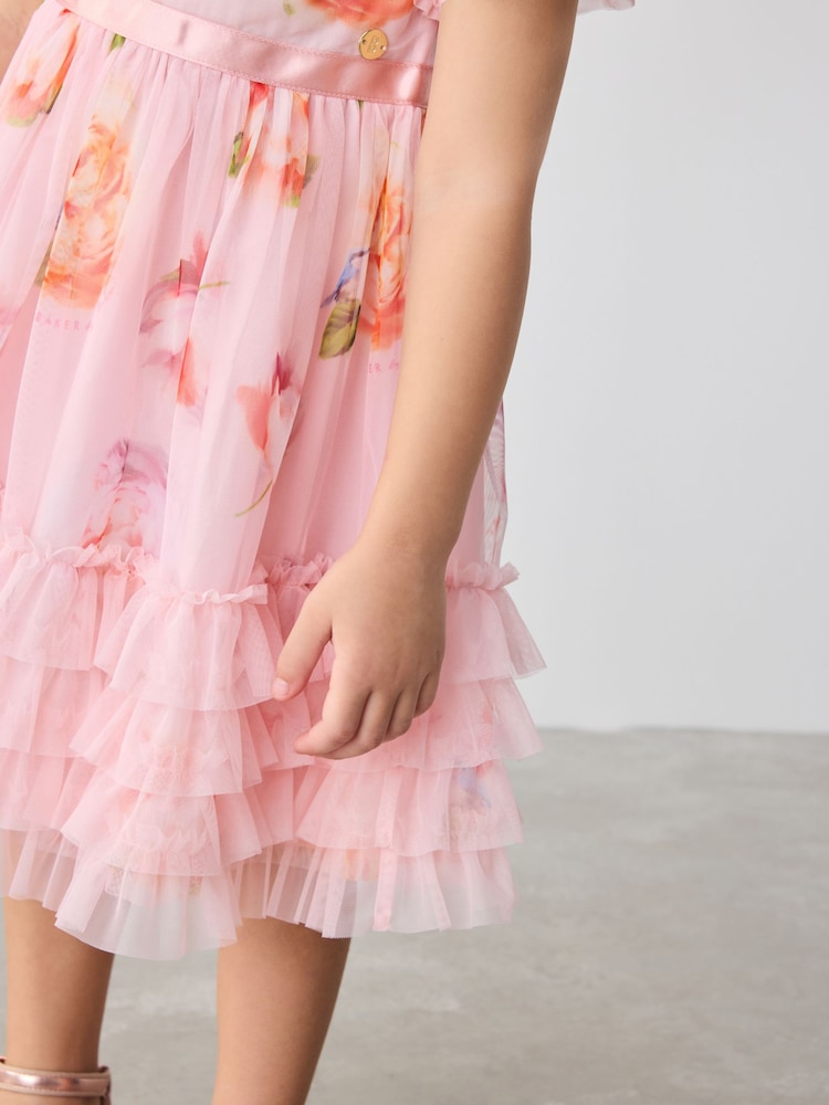 Baker by Ted Baker Pink Ruffle Hem Floral Print Mesh Dress - Image 7 of 16