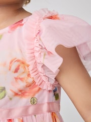 Baker by Ted Baker Pink Ruffle Hem Floral Print Mesh Dress - Image 8 of 16