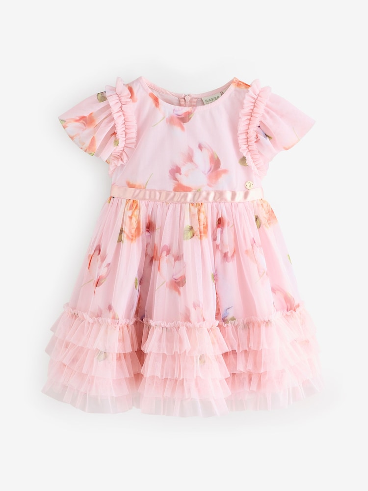 Baker by Ted Baker Pink Ruffle Hem Floral Print Mesh Dress - Image 9 of 16