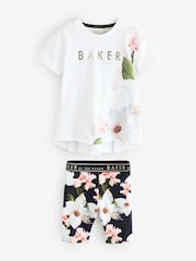 Baker by Ted Baker 2 Piece Broderie Panel T-Shirt & Floral Print Cycling Shorts Set - Image 1 of 5