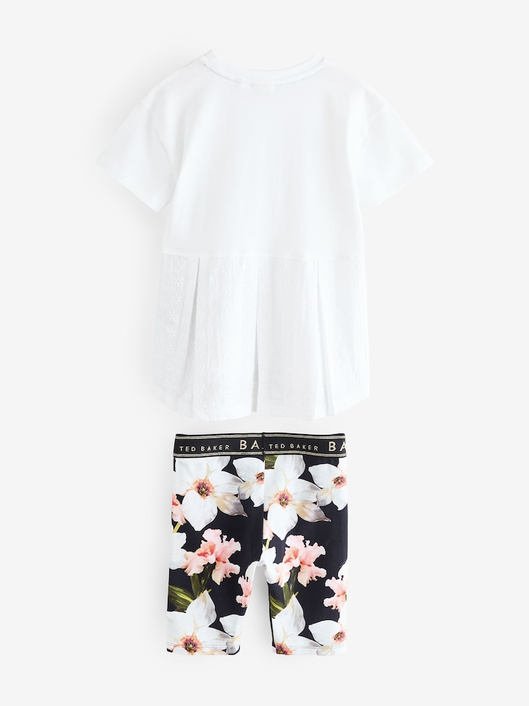 Baker by Ted Baker 2 Piece Broderie Panel T-Shirt & Floral Print Cycling Shorts Set - Image 2 of 5