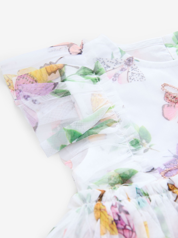 Baker by Ted Baker White Printed Mesh Tiered Foil Butterfly Embroidered Dress - Image 10 of 10
