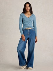 White Stuff Blue Halley Rib Stripe Henley Top - Image 1 of 6