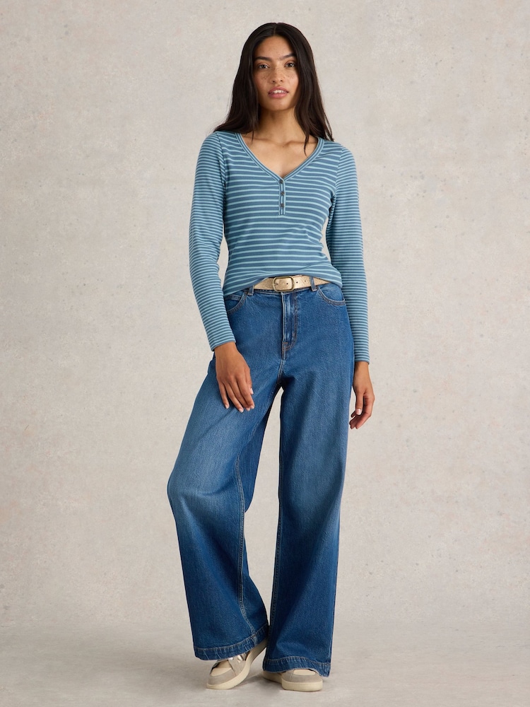 White Stuff Blue Halley Rib Stripe Henley Top - Image 1 of 6