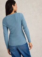 White Stuff Blue Halley Rib Stripe Henley Top - Image 2 of 6