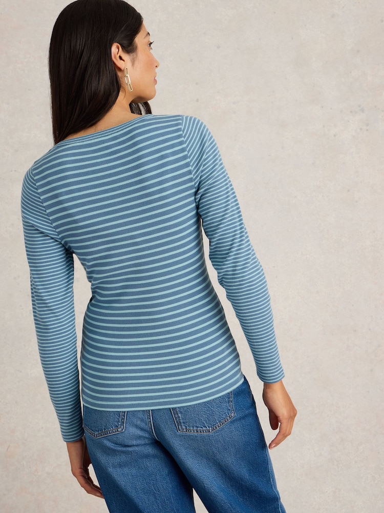 White Stuff Blue Halley Rib Stripe Henley Top - Image 2 of 6